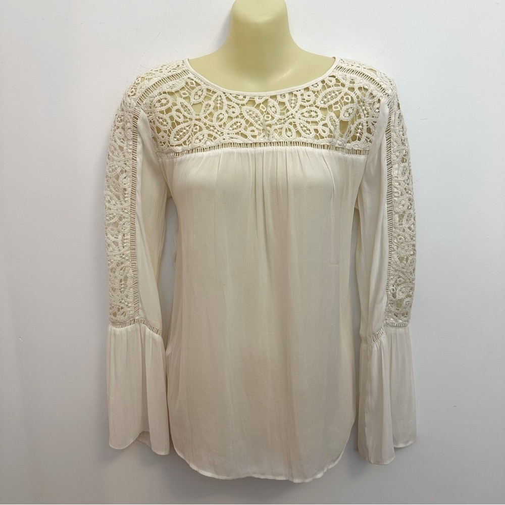 LOFT Cream Intricate Lace Bell Sleeve Blouse
